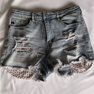 KanCan Distressed Denim Shorts with Floral Accents